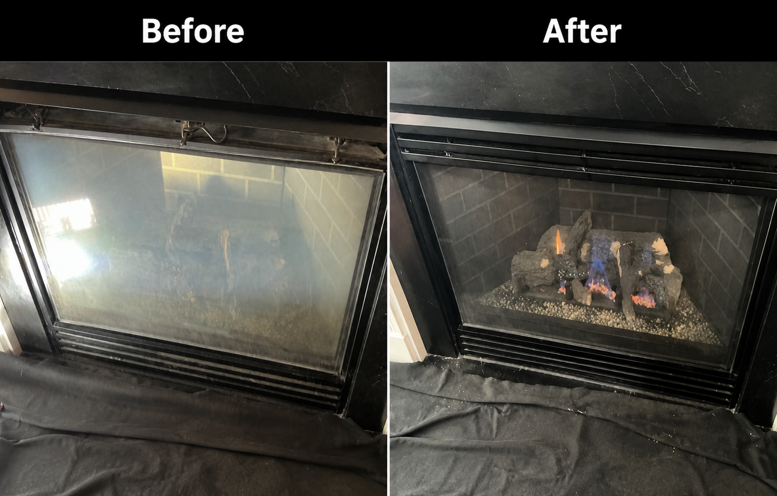 Fireplace repair — before and after, cloudy glass restored to clear flames