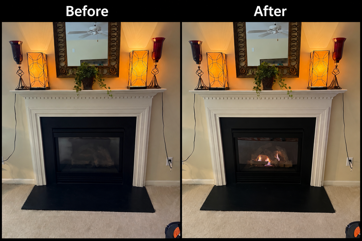 Fireplace glass cleaning — before and after, cloudy glass restored to clear view of flames